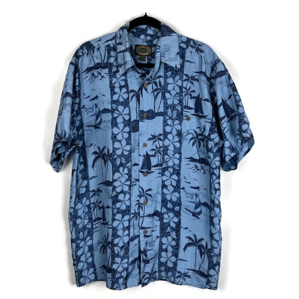 HAWAIIAN SILK CO Men's 100% Silk Aloha Shirt Blue Tropical Print Medium